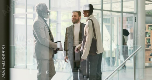 Shaking hands, discussion and business people in office for greeting, welcome or partnership. Happy, team and financial advisors with client for investment deal, agreement or meeting handshake.