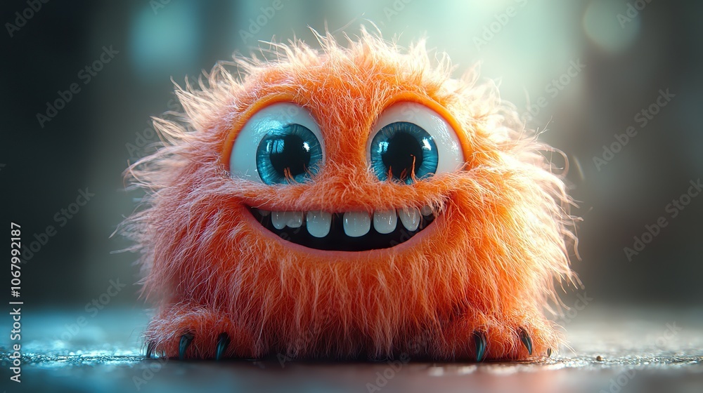 Fototapeta premium Funny red fluffy monster on a bright background, promoting Halloween character designs.
