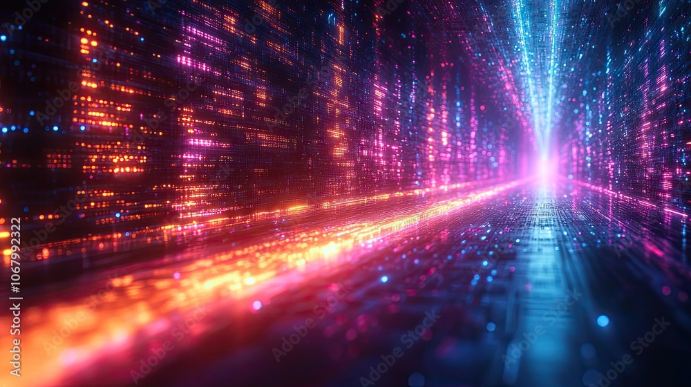 Futuristic tech background with colorful neon lines, ideal for big data or internet speed designs. Futuristic tech background with colorful neon lines, ideal for big data or internet speed designs.