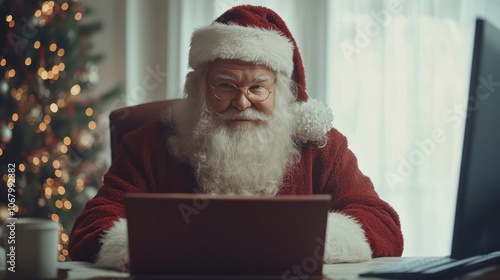 Santa Claus responds to letter of wishes on a computer. Front view of Santa Claus office