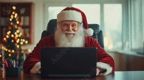 Santa Claus responds to letter of wishes on a computer. Front view of Santa Claus office