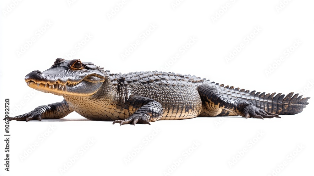 Naklejka premium A bold crocodile lounging near water, its powerful body relaxed, isolated on a white background