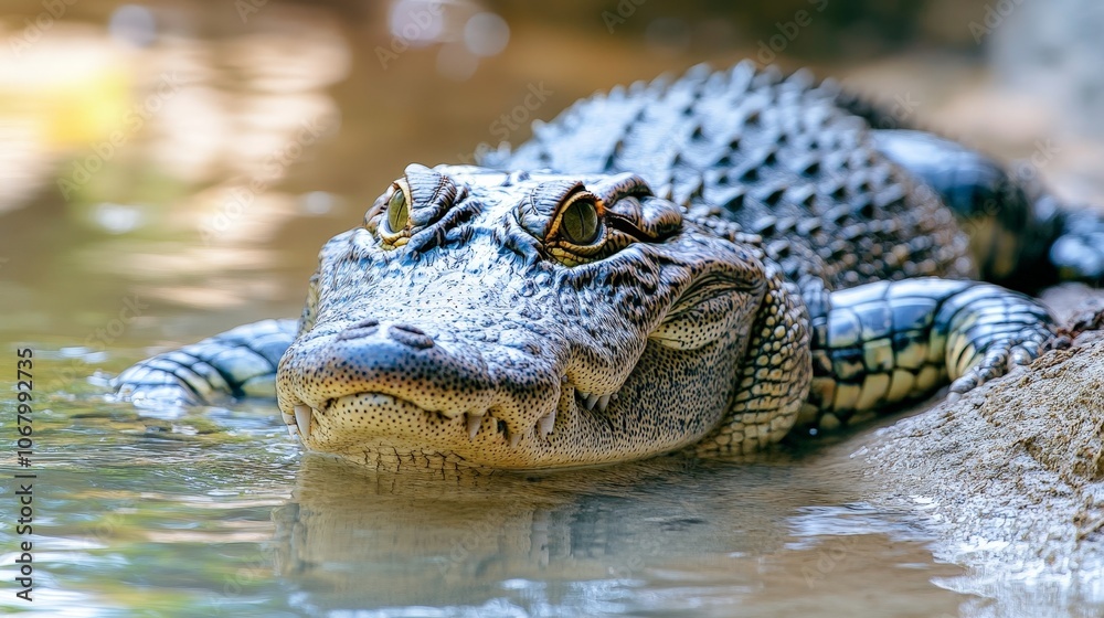 A bold crocodile lounging near water, its powerful body relaxed, isolated on a white background A bold crocodile lounging near water, its powerful body relaxed, isolated on a white background