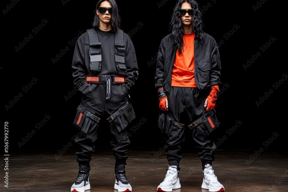A dark, edgy OOTD with techwear elements, like tactical belts, LED accents, and black leather, set in a gritty urban scene A dark, edgy OOTD with techwear elements, like tactical belts, LED accents, and black leather, set in a gritty urban scene