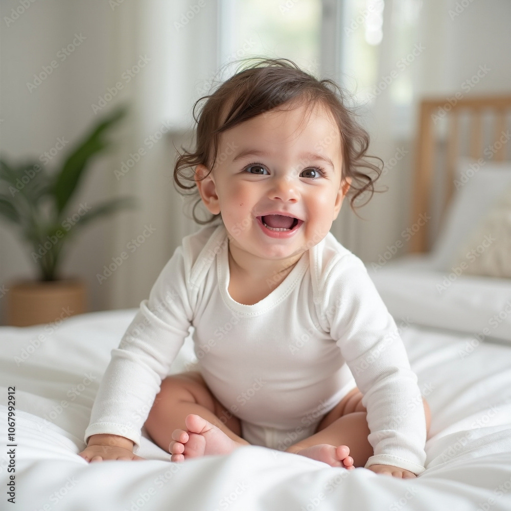 Happy baby girl smiling in a white bodysuit onesie captured in a cozy indoor setting Happy baby girl smiling in a white bodysuit onesie captured in a cozy indoor setting