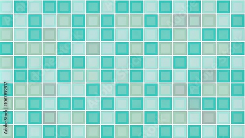 An abstract composition of blue, green, and white squares, creating a patterned mosaic