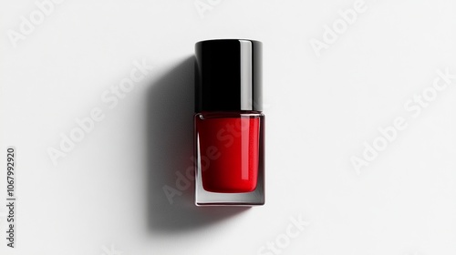 A bottle of bright red nail polish with a glossy finish, isolated on a white background