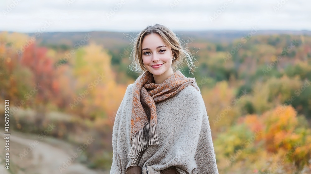 A model draped in a luxurious, oversized cashmere sweater, elegantly styled with a flowing scarf and ankle boots, set against a blurred autumn landscape of colorful foliage, creating a warm and A model draped in a luxurious, oversized cashmere sweater, elegantly styled with a flowing scarf and ankle boots, set against a blurred autumn landscape of colorful foliage, creating a warm and