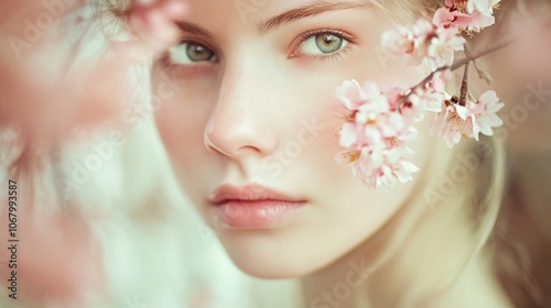 Close Up Portrait of a Young Woman with Flowers in Her Hair