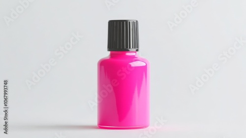 A bright pink nail polish bottle with the brush applicator, isolated on a white background