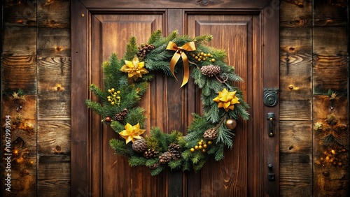 A rustic wooden door adorned with a festive evergreen wreath, featuring a golden bow, pinecones, and star-shaped ornaments, creating a warm and inviting entrance.