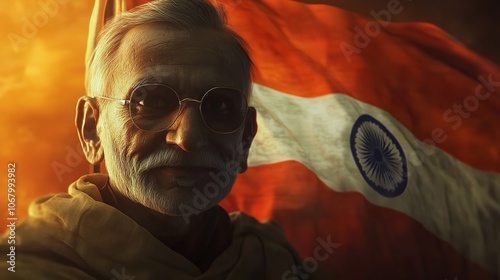 Gandhi Ji Saluting National Flag, 8K Realistic Lighting, Highly Detailed
