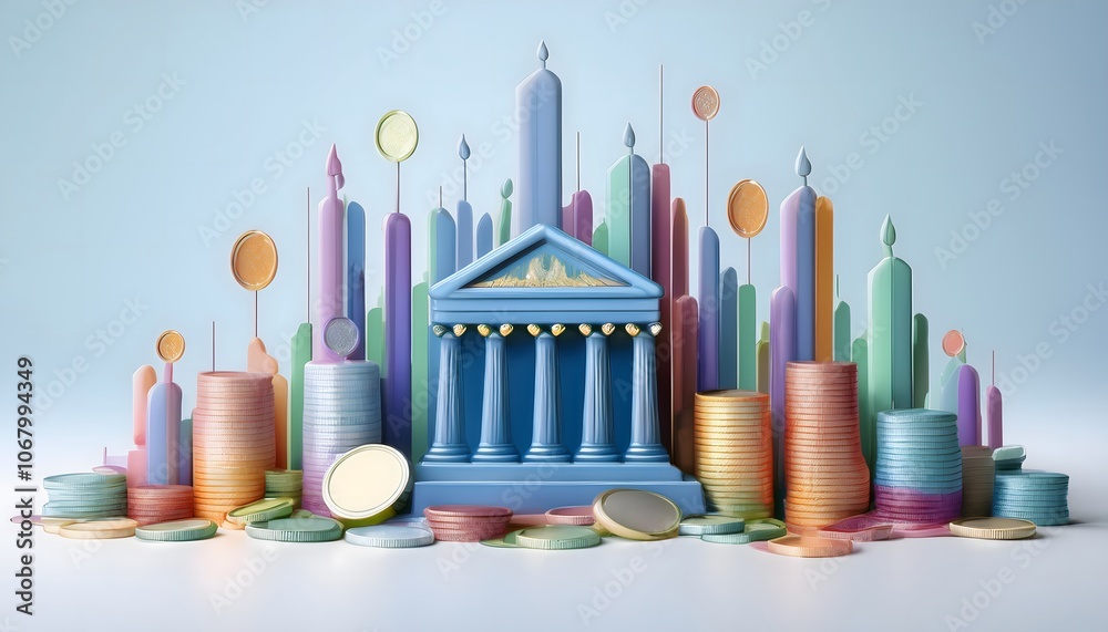 Fototapeta premium Integrate the ASEAN Economic Community with a financial theme featuring bank-building digital coins.