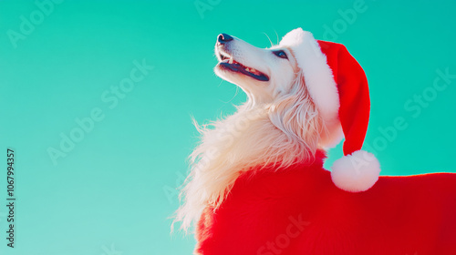 Adorable cute afghan hound dog wearing santa claus hat festive happy merry Christmas celebration fashion red green wallpaper background with copy space photo