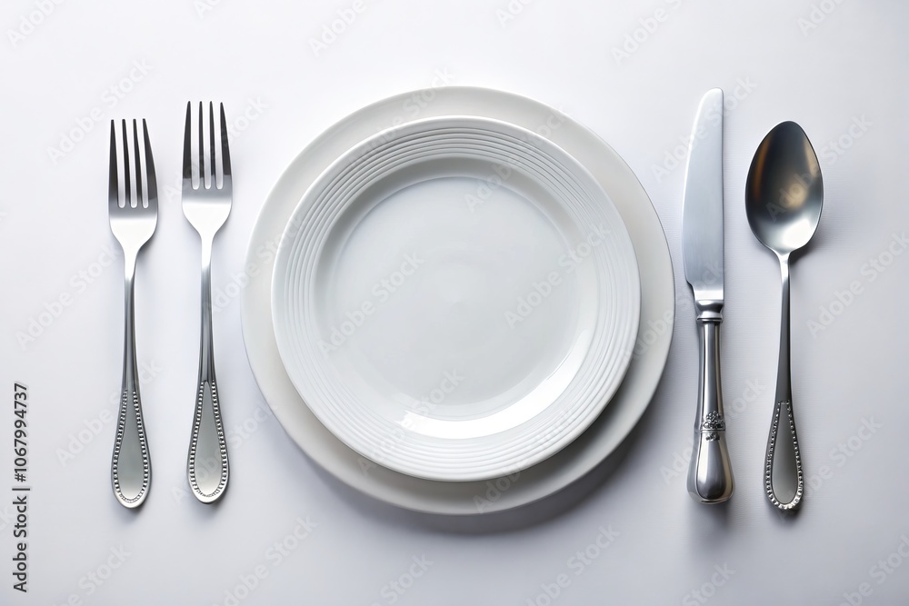 Elegant Empty Plate with Spoon, Fork, and Knife on a White Background - Top View Food Photography for Culinary and Restaurant Use Elegant Empty Plate with Spoon, Fork, and Knife on a White Background - Top View Food Photography for Culinary and Restaurant Use