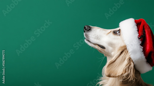 Adorable cute afghan hound dog wearing santa claus hat festive happy merry Christmas celebration fashion red green wallpaper background with copy space photo