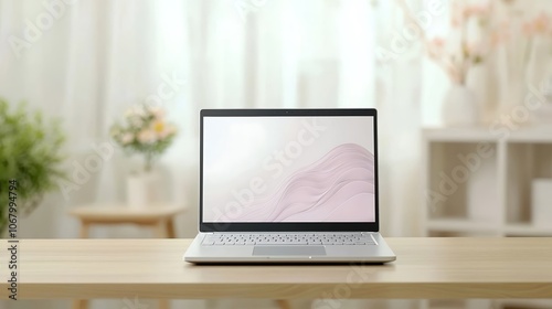 An elegantly styled remote work area showcasing a modern laptop on a polished wooden desk, complemented by minimalistic decor and a tasteful color palette. Soft natural light enhances the inviting