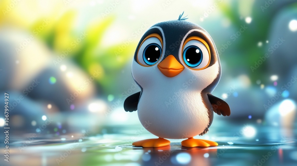 Naklejka premium Adorable cartoon penguin with big eyes standing on a rock by the water.