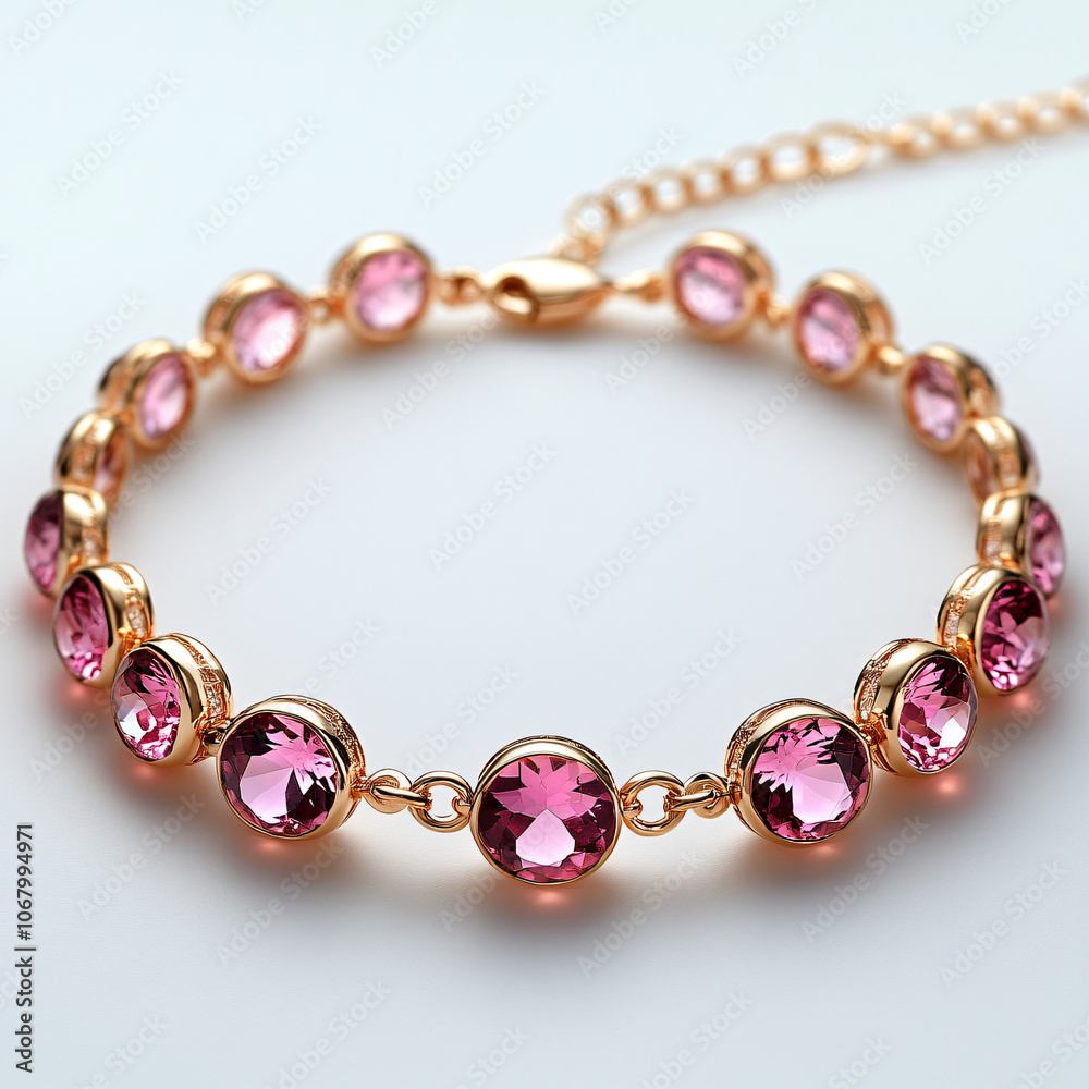 A rose gold bracelet with many small, round, pink crystals. A rose gold bracelet with many small, round, pink crystals.