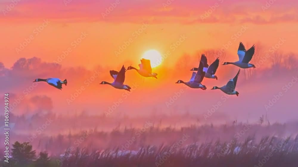 Graceful Flock of Geese Flying in Slow Motion in amazingly colorful foggy sunrise background