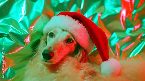 Adorable cute afghan hound dog wearing santa claus hat festive happy merry Christmas celebration fashion red green wallpaper background with copy space photo