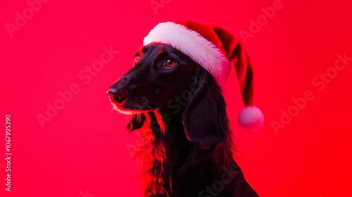 Adorable cute afghan hound dog wearing santa claus hat festive happy merry Christmas celebration fashion red green wallpaper background with copy space photo