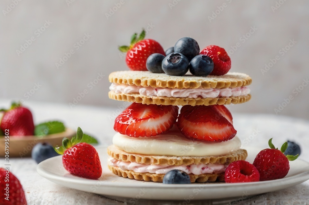 A biscuit sandwich filled with a strawberry-flavored cream and topped with fresh berries. A biscuit sandwich filled with a strawberry-flavored cream and topped with fresh berries.