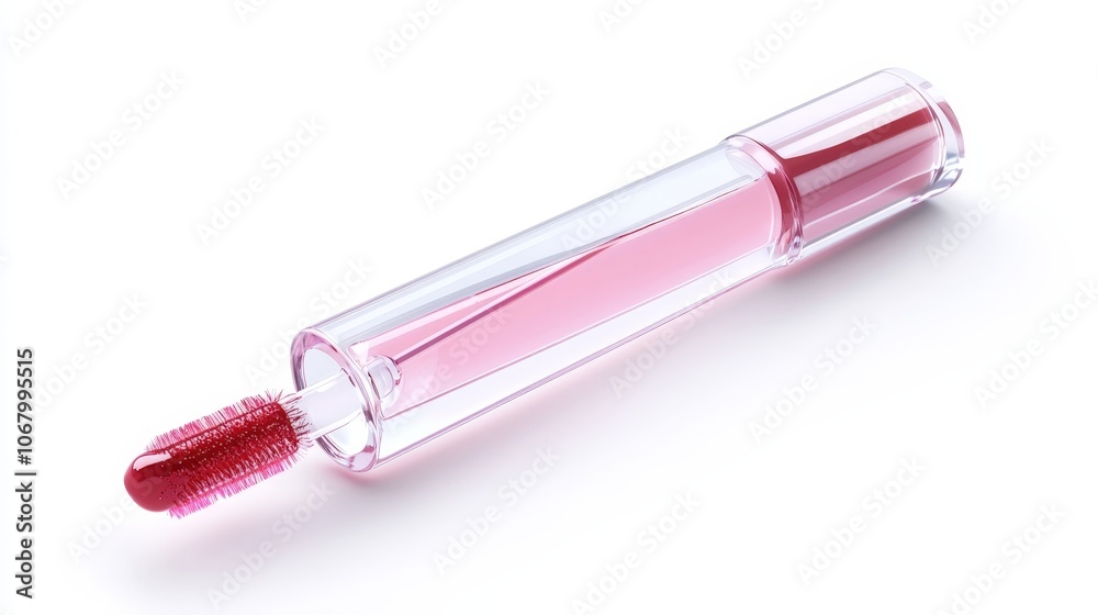 A clear tube of lip gloss with a wand applicator, isolated on a white background A clear tube of lip gloss with a wand applicator, isolated on a white background