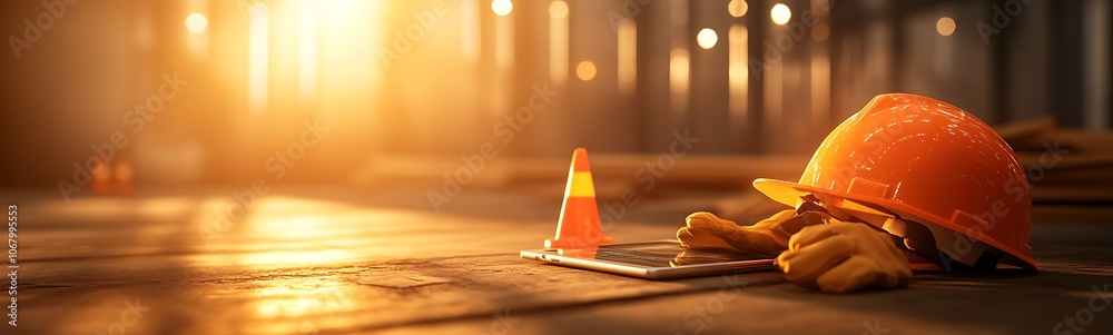 A construction scene at sunset featuring a hard hat and safety cone, highlighting the importance of safety and diligence in building environments.