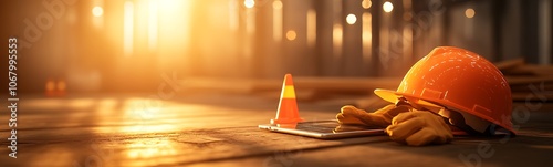 Obraz na płótnie A construction scene at sunset featuring a hard hat and safety cone, highlighting the importance of safety and diligence in building environments. w salonie