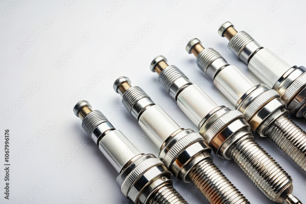 Flat Lay of New Automotive Spark Plugs on White Background - Candid Photography of Essential Car Parts for Mechanics and Auto Enthusiasts, Perfect for Automotive Spare Parts Representation Flat Lay of New Automotive Spark Plugs on White Background - Candid Photography of Essential Car Parts for Mechanics and Auto Enthusiasts, Perfect for Automotive Spare Parts Representation