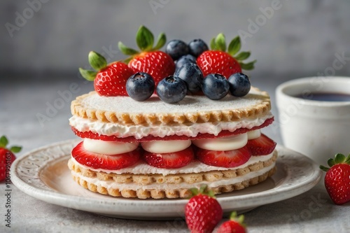 A biscuit cream sandwich with a layer of strawberry-flavored filling, decorated with fresh berries.