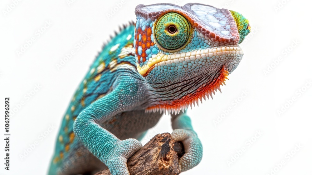 A colorful chameleon clinging to a branch, its eyes looking in opposite directions, isolated on a white background A colorful chameleon clinging to a branch, its eyes looking in opposite directions, isolated on a white background