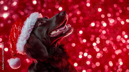 Adorable cute afghan hound dog wearing santa claus hat festive happy merry Christmas celebration fashion red green wallpaper background with copy space photo