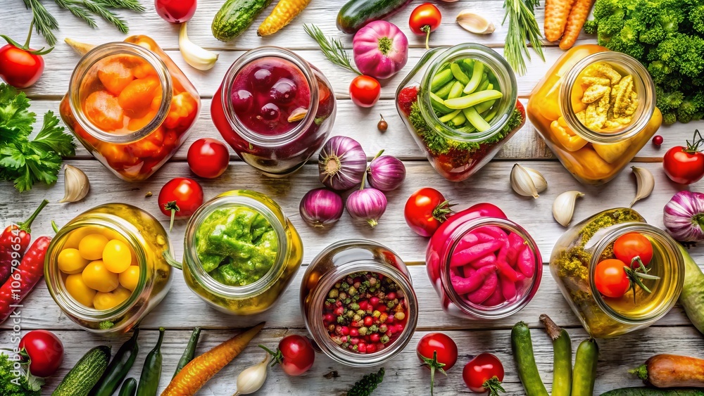 Fototapeta premium Fresh Vegetables and Jars of Pickled Products on a White Background Showcasing Healthy Eating and Food Preservation in a Bright, Clean Aesthetic for Stock Photography