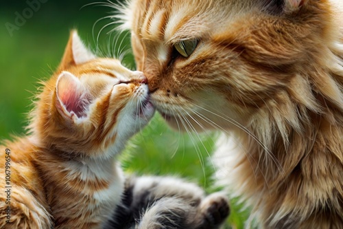 A mother cat sitting upright see her kitten whos lying comfortably beside her. photo