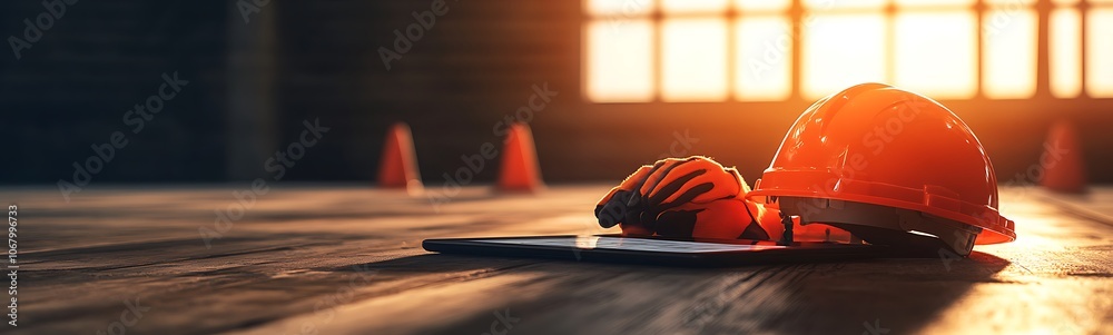A safety helmet and tools are resting on a wooden surface, illuminated by warm sunlight, symbolizing construction and hard work.