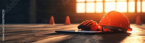 Obraz na płótnie A safety helmet and tools are resting on a wooden surface, illuminated by warm sunlight, symbolizing construction and hard work. w salonie