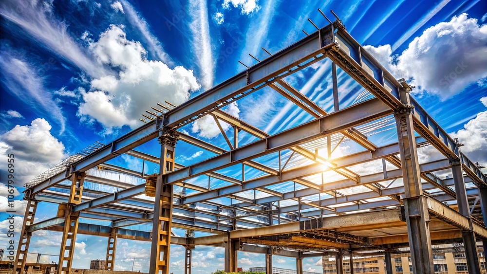 Steel framework against a vibrant sky, showcasing the intricate design of a building under construction. Steel framework against a vibrant sky, showcasing the intricate design of a building under construction.