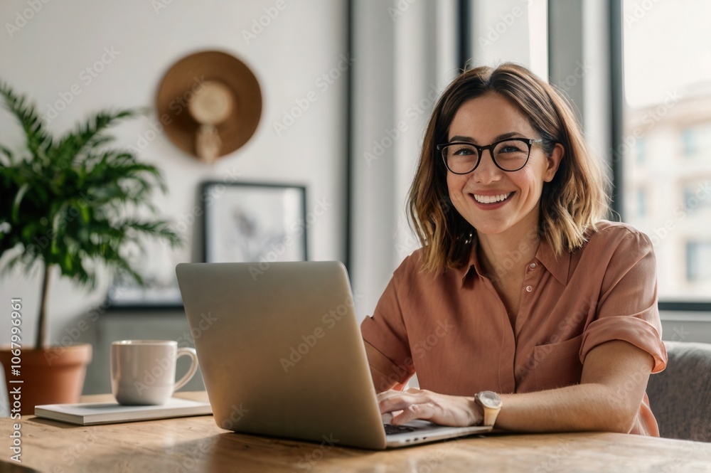A woman wearing glasses, smiling as she working at her laptop screen in a well-lit room. A woman wearing glasses, smiling as she working at her laptop screen in a well-lit room.