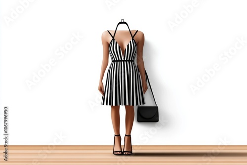 A minimalist line drawing of a sundress and sandals, with a small handbag, on a white background for an OOTD vibe photo