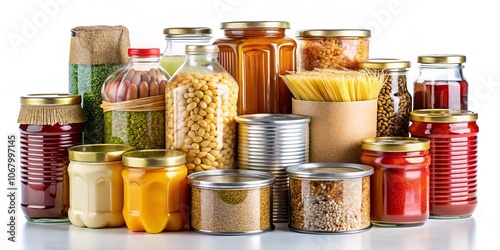 High Depth of Field Food Donations: Pasta, Rice, Oil, Peanut Butter, Canned Food, and Jam Isolated on White Background for Charity and Community Support Visuals