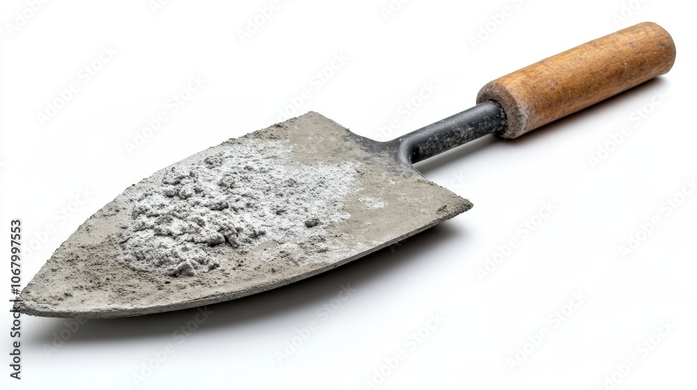A concrete trowel with fresh cement on the blade, isolated on a white background A concrete trowel with fresh cement on the blade, isolated on a white background