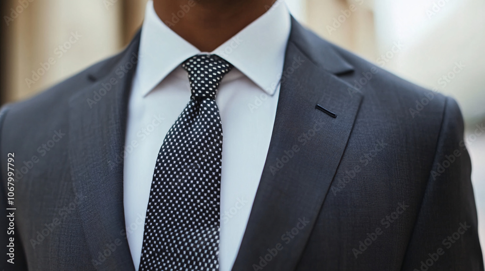 close up of a man wearing a grey suit and a black and white polka dot tie
