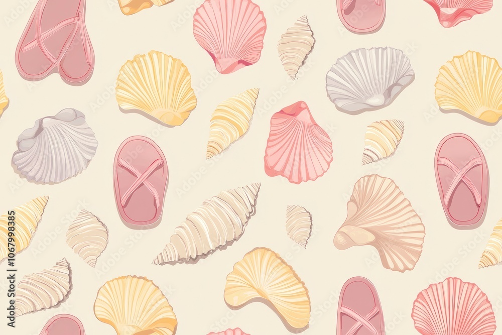 Seamless pattern with various seashells and sandals in pink and cream colors on a light beige background. Seamless pattern with various seashells and sandals in pink and cream colors on a light beige background.