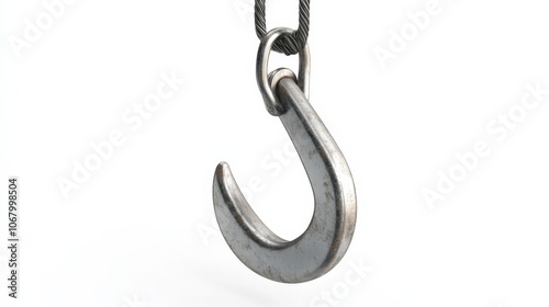 A construction crane hook hanging from a cable, isolated on a white background