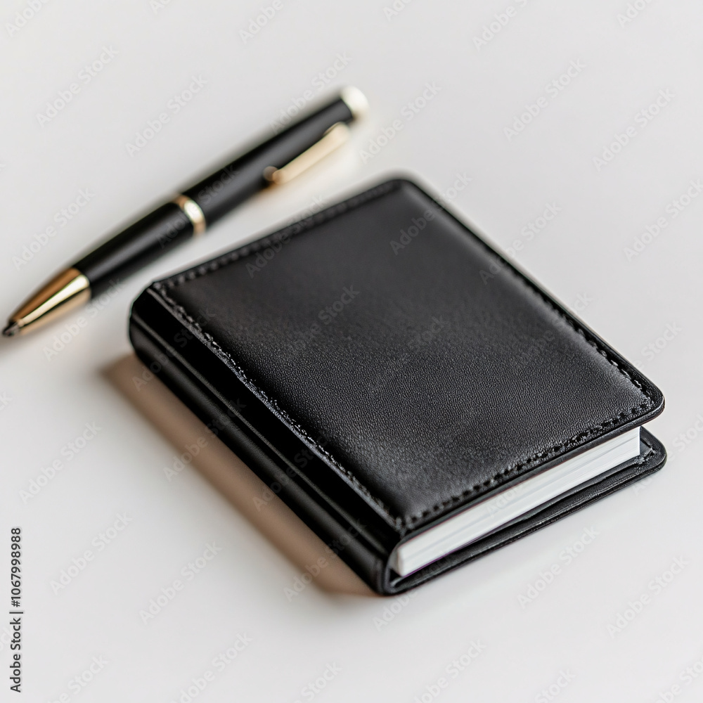 black leather bound notebook with pen on white background black leather bound notebook with pen on white background