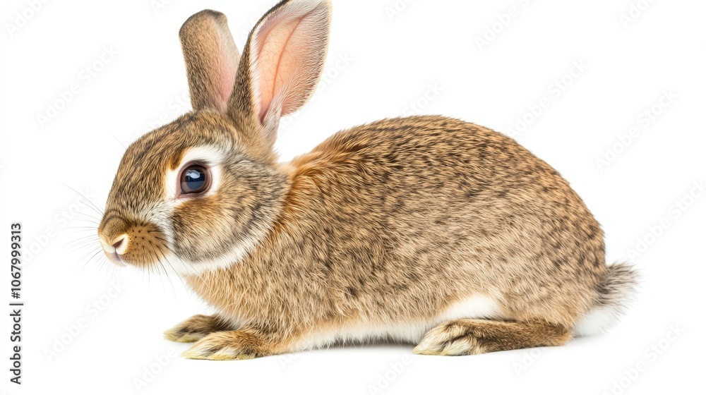A cuddly rabbit sitting with its ears perked up, isolated on a white background A cuddly rabbit sitting with its ears perked up, isolated on a white background