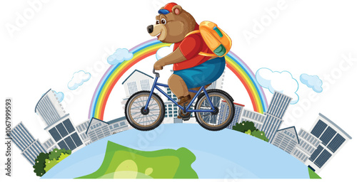 Bear Biking Across a Rainbow City
