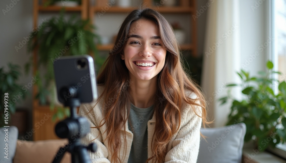 Cheerful young influencer shares her daily life and inspires positivity through engaging content Cheerful young influencer shares her daily life and inspires positivity through engaging content